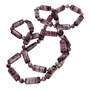 Vintage Purple Art Glass Beaded Necklace 30" Long Clasp Choker Layer Lavender